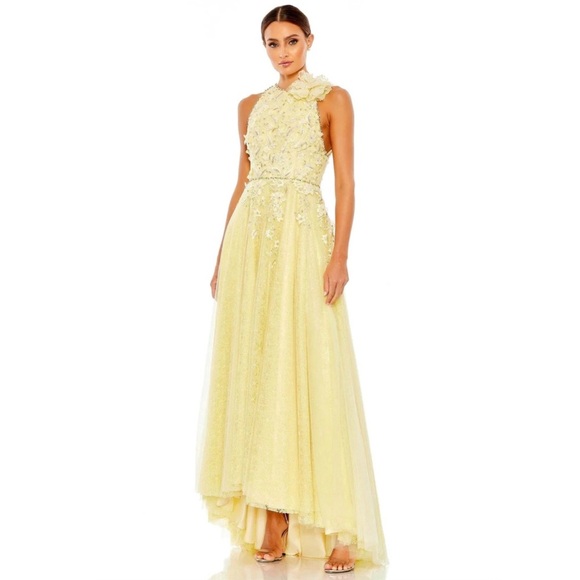 Mac Duggal lemon high low embellished high neck sleeveless gown NEW - Picture 1 of 3